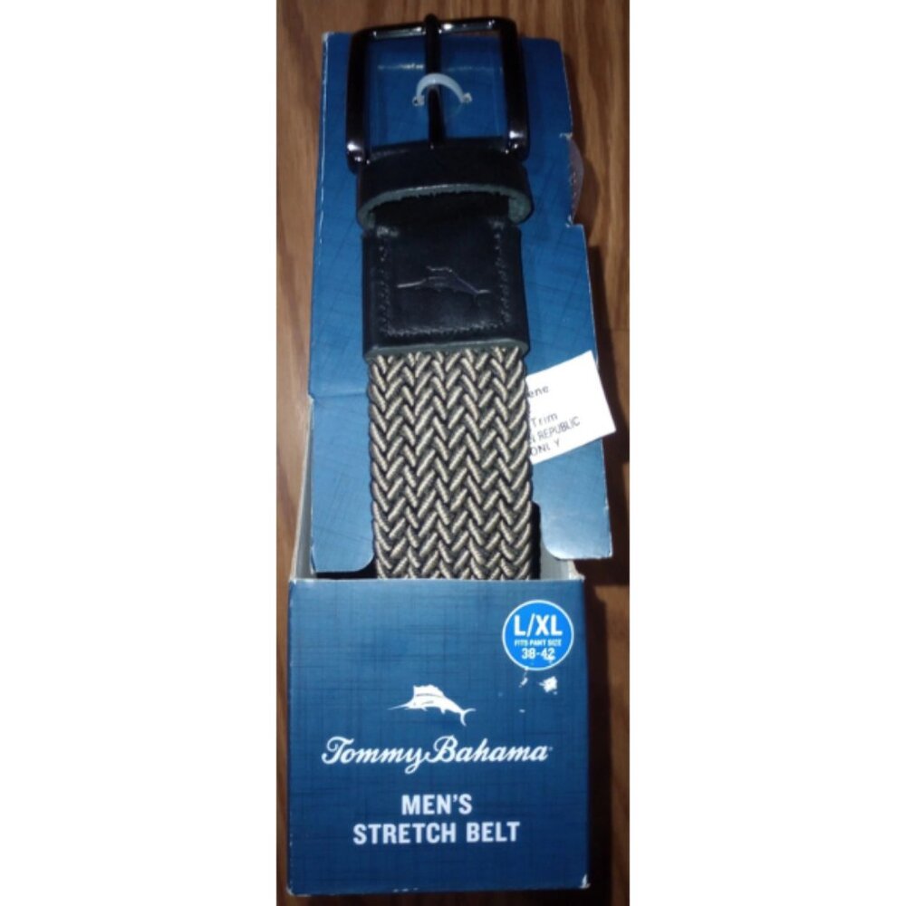 Tommy Bahama Men’s L/XL Black Khaki Braided Stretch Belt Leather Adjustable NWT
